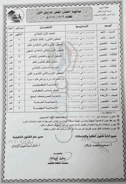 جدول امتحانات الصف الاولي ابتدائي الترم الثاني 2024 جميع المحافظات